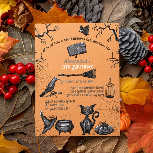 Invitación Espectacular fiesta de cumpleaños de Halloween (Spooky Kids Halloween Party Invitation. Creepy Bats, Webs, Black Cat, Cauldron, Black Raven, Pumpkin)