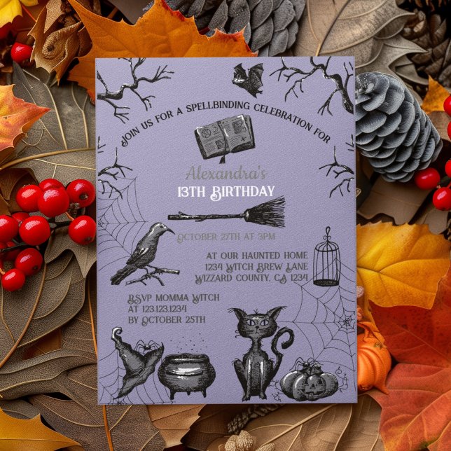 Invitación Espectacular fiesta de cumpleaños de Halloween (Spooky Kids Halloween Party Invitation. Creepy Bats, Webs, Black Cat, Cauldron, Black Raven, Pumpkin)