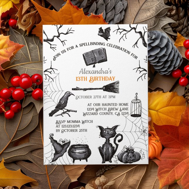 Invitación Espectacular fiesta de cumpleaños de Halloween (Spooky Kids Halloween Party Invitation. Creepy Bats, Webs, Black Cat, Cauldron, Black Raven, Pumpkin)