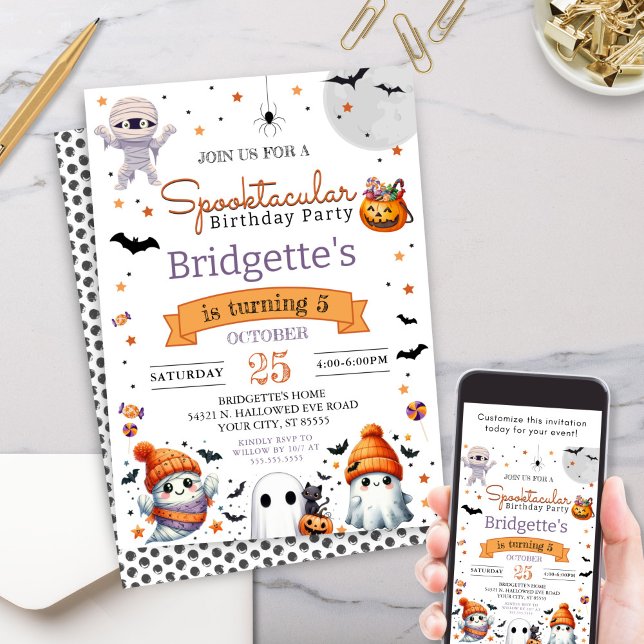 Invitación Espectacular fiesta de cumpleaños de Halloween (Cute spooktacular halloween theme birthday party invitation with cute ghosts mummy spider and candy)