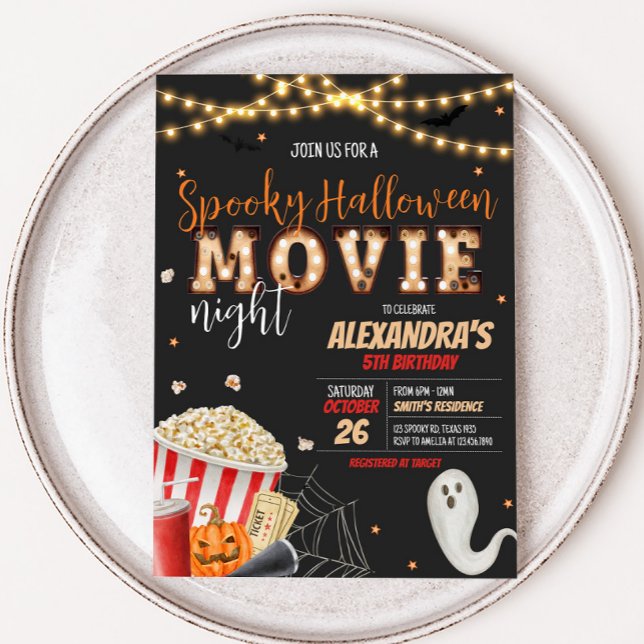 Invitación Espectacular fiesta de cumpleaños de la noche de l (Spooky Halloween Scary Movie Night Birthday Party Invitation)