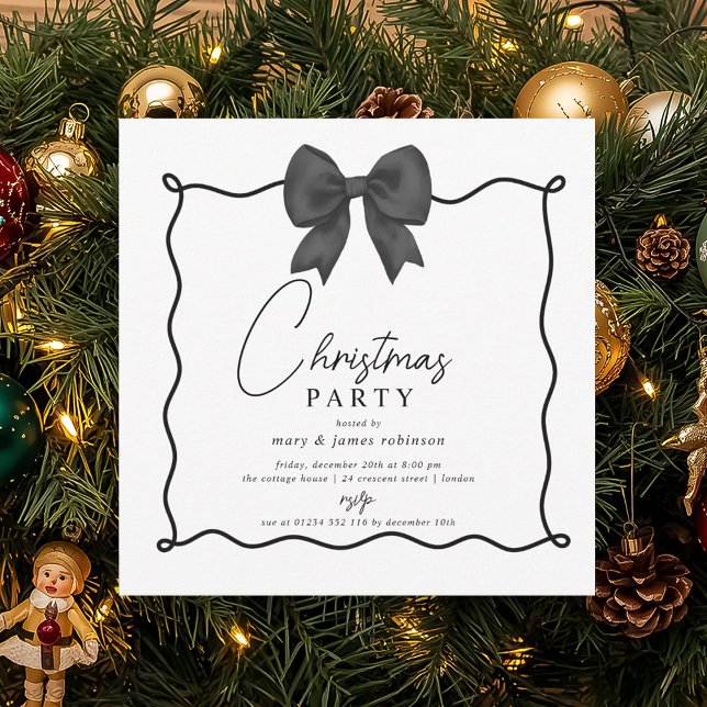 Invitación Espectacular fiesta de feriado de Navidades Black  (Whimsical Black Bow Christmas Holiday Party Invitation)