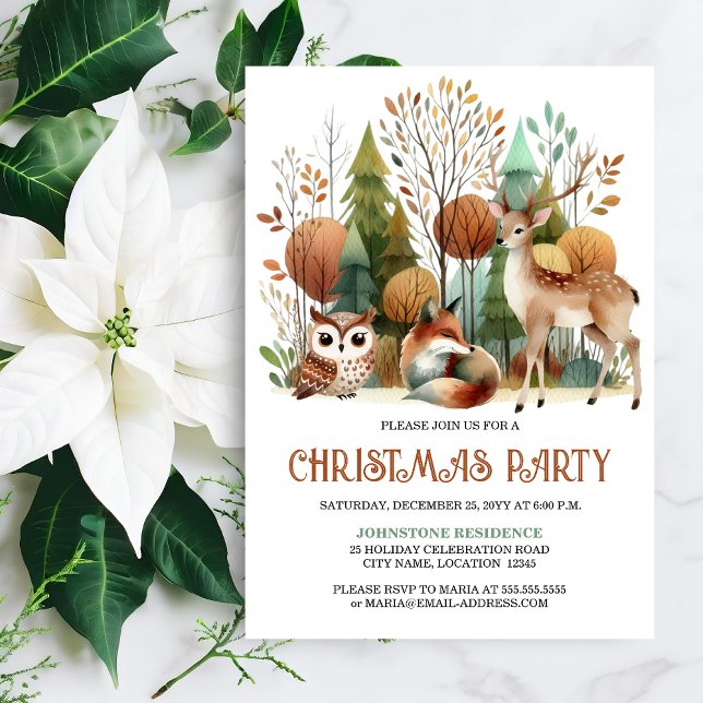 Invitación Espectacular fiesta de feriado de Navidades de Woo (Whimsical Woodland Christmas Party invitation front view.)