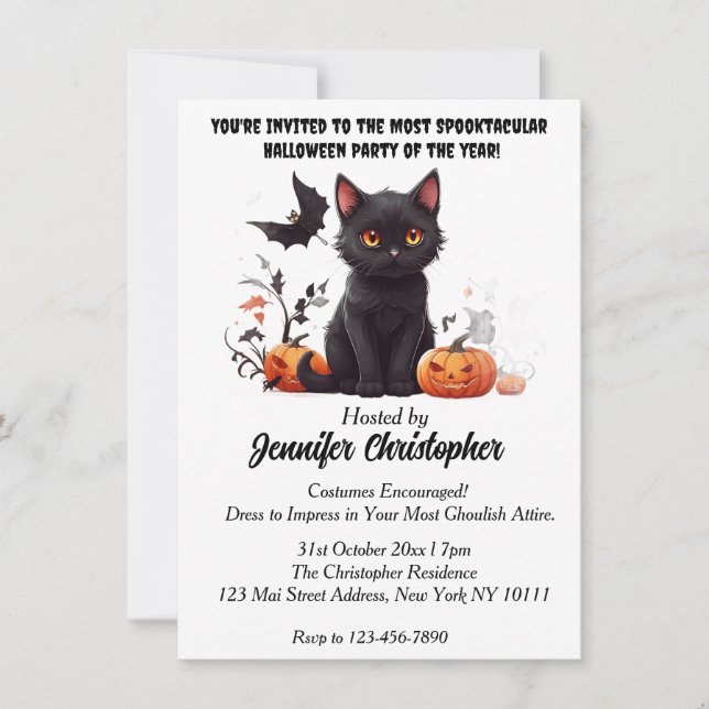 Invitación Espectacular fiesta de Halloween del Gato Negro el (Anverso)