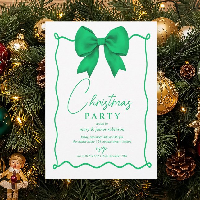 Invitación Espectacular fiesta navideña de los Navidades Gree (Whimsical Green Bow Christmas Holiday Party Invitation)