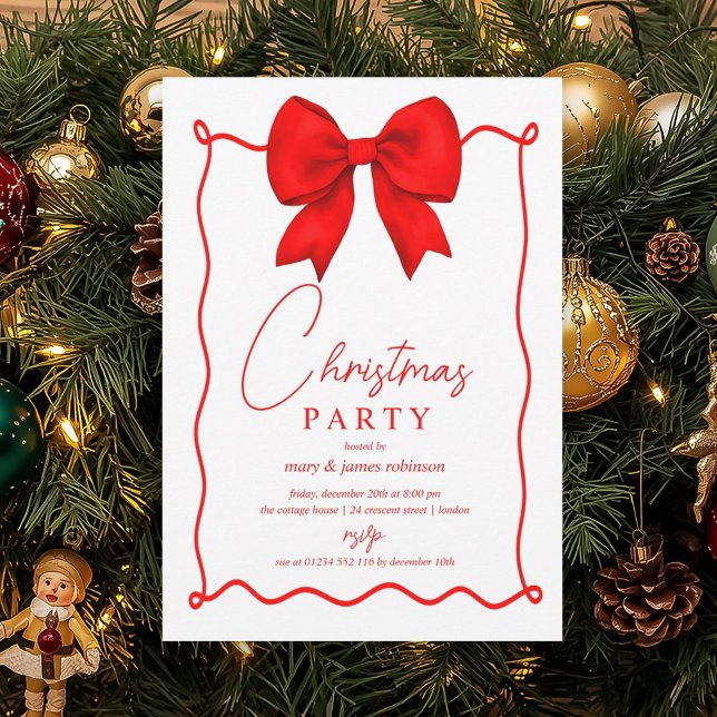 Invitación Espectacular fiesta navideña de los Navidades Red  (Whimsical Red Bow Christmas Holiday Party Invitation)