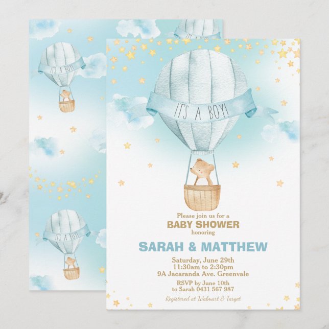 Invitación Espectacular globo aerostático Baby Shower Bear Bo (Anverso / Reverso)