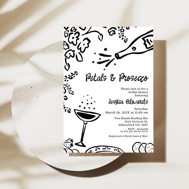 Invitación Espectacular pozo de novia de Petal Prosecco (Whimsical Hand Drawn Petal Prosecco Bridal Shower Invitation, Black White, Trendy Bridal Shower )
