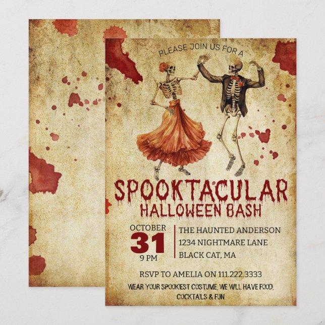 Invitación Espectacular Skeleton Bloody Halloween Party (Anverso / Reverso)