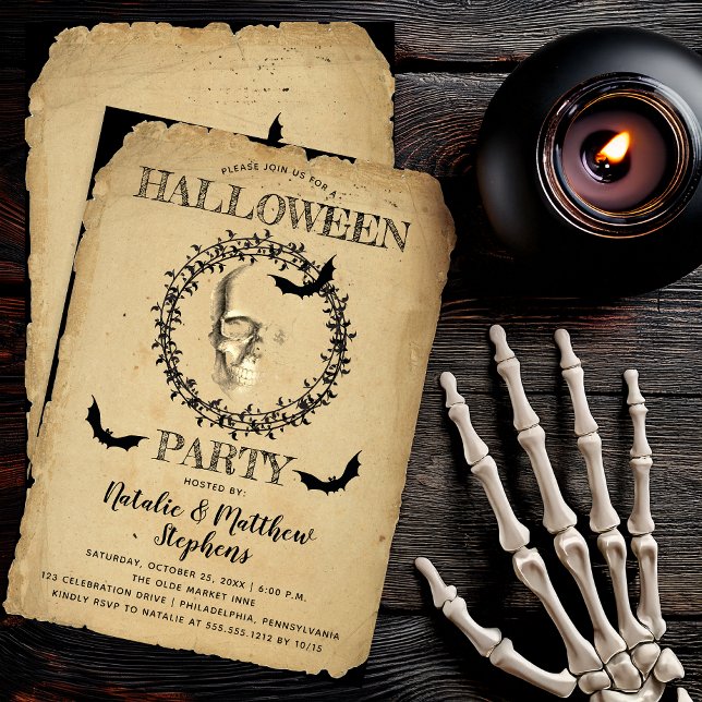Invitación Espectacular Skeleton y fiesta de Halloween de la  (Spooky Skeleton and Bats Wreath Halloween Party Invitation - Print | Digital Download)