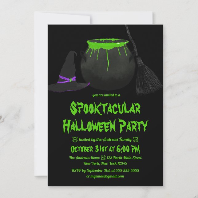 Invitación Espectaculares brujas Gorra de Cauldron Broom Hall (Anverso)