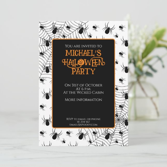 Invitación Espectáculo de arañas blancas negras fiesta de Hal (Anverso de pie)