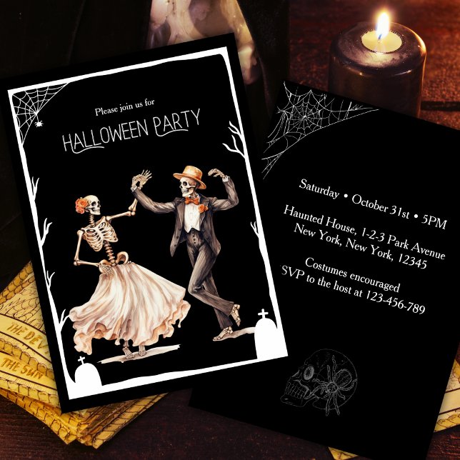 Invitación Espectáculo de baile vintage (Classy Vintage Adult Halloween Party Invitation. Dancing skeleton, costumes and cocktails. )
