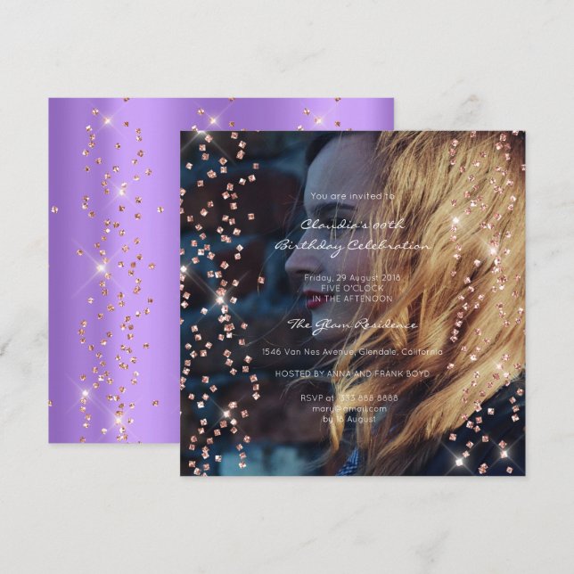 Invitación Espectáculo de cumpleaños. Foto: Purple Confetti (Anverso / Reverso)