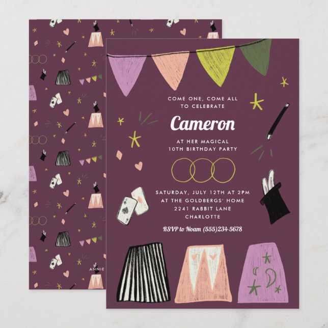 Invitación Espectáculo de Magia Morada para Cumpleaños de Niñ (Anverso / Reverso)