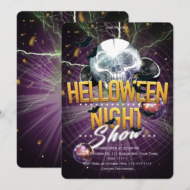 Invitación Espectáculo de Noche de Halloween Disco Calavera (Anverso / Reverso)