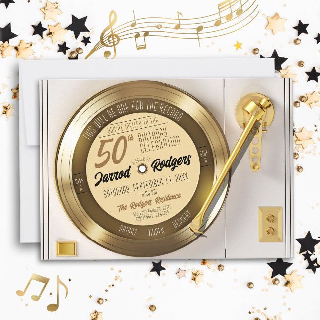 Invitación Espectáculo de Vinilo Negro de Oro Sólido Fiesta d (Retro vinyl black & gold record player disco solid gold 70's 50th birthday party invitation)