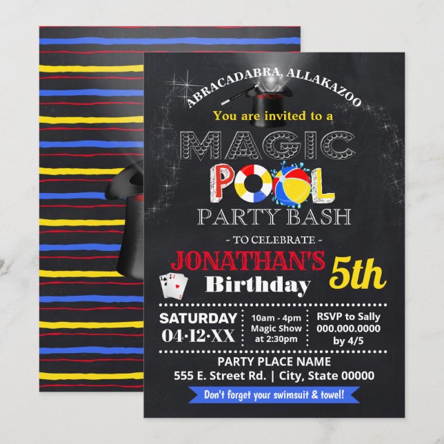 Invitación Espectáculo mágico y fiesta de natación en piscina (Anverso / Reverso)