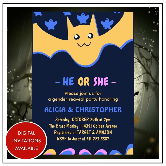 Invitación Espectador de murciélago blanco Descubre el género (Cute-bat-Ghost-He-or-She-Halloween-gender-reveal-Invitation-1)