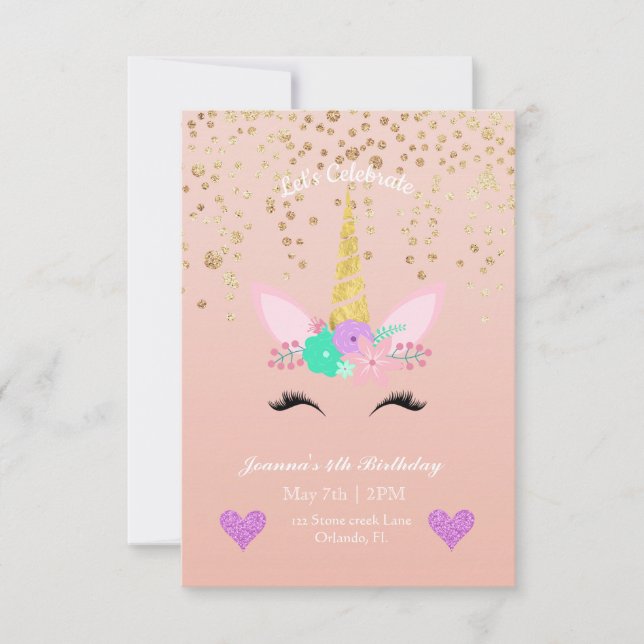 Invitación Espectro de oro | Cumpleaños Floral Unicornio (Anverso)