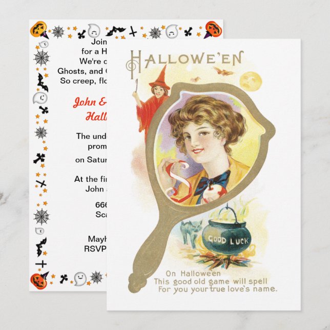 Invitación Espejo de buena suerte vintage Halloween (Anverso / Reverso)