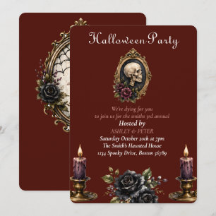 Invitación Espejo Vintage Calavera Gótico Fiesta de Halloween