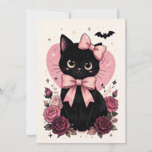 Invitación Espejo Vintage Rosa Gato Negro Halloween