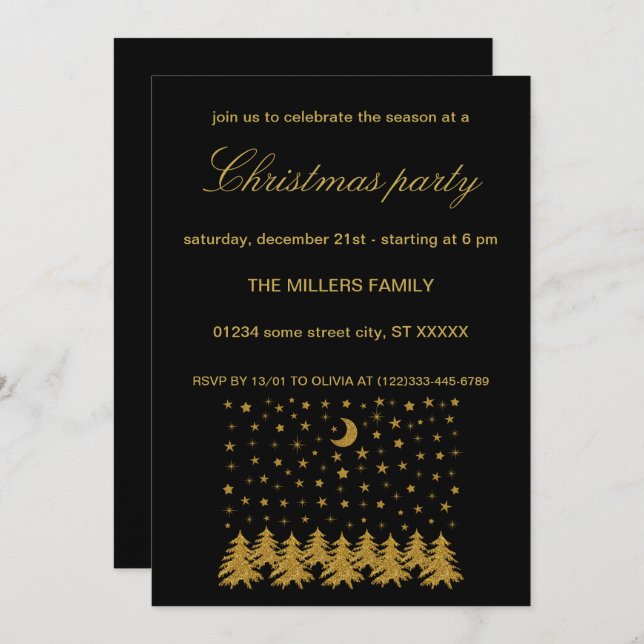 Invitación Espeluznante árbol de Navidad dorado, luna, estrel (Anverso / Reverso)