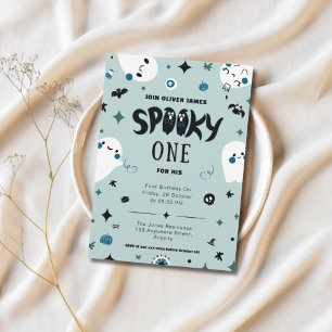 Invitación Espeluznante azul un niño de halloween primer cump