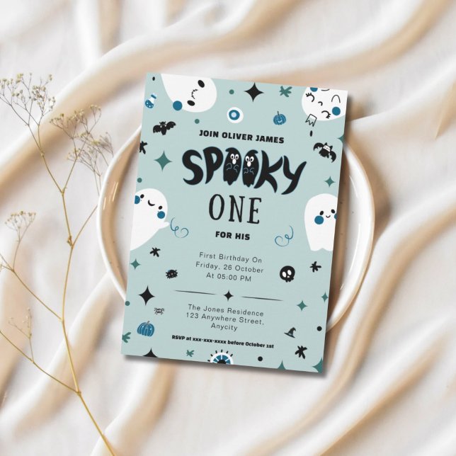 Invitación Espeluznante azul un niño de halloween primer cump (Subido por el creador)