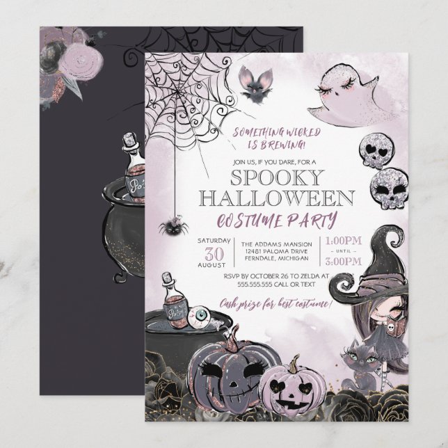 Invitación Espeluznante bruja morado negro Fiesta de disfrace (Anverso / Reverso)