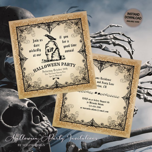 Invitación Espeluznante cuervo en la tumba y Bats Halloween (Subido por el creador)