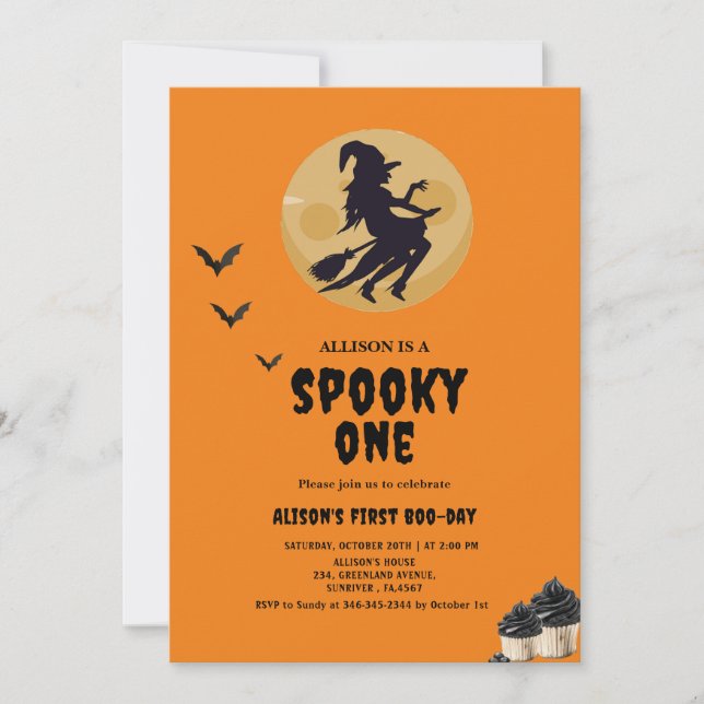 Invitación espeluznante cumpleaños de bruja naranja Halloween (Anverso)
