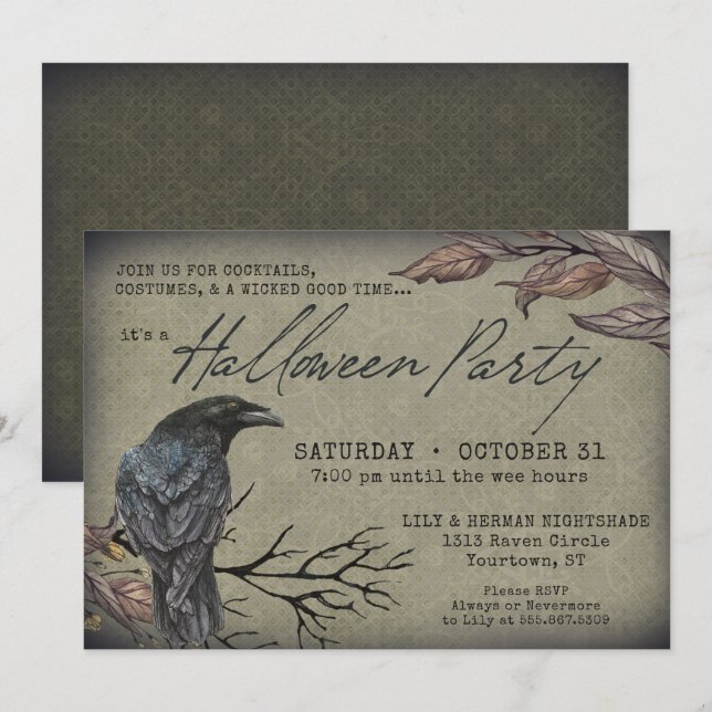 Invitación espeluznante de Halloween con cuervo vi (Anverso / Reverso)