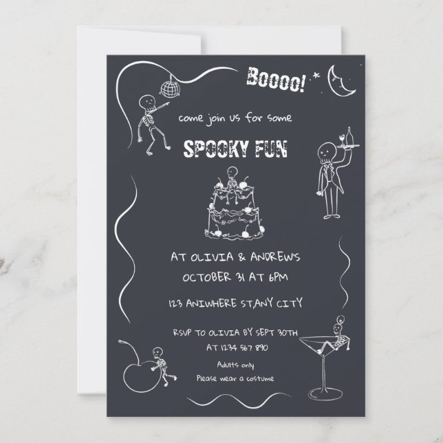 Invitación Espeluznante divertido Skeleton Black Adults Hallo (Anverso)