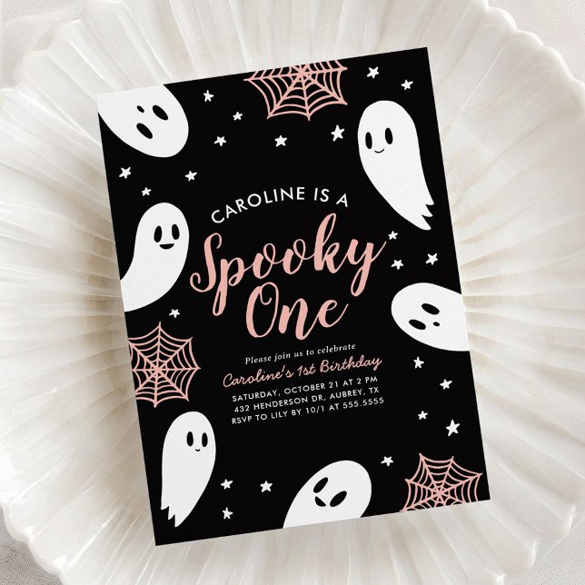 Invitación Espeluznante Fantasma Rosa Halloween Primer cumple (Subido por el creador)