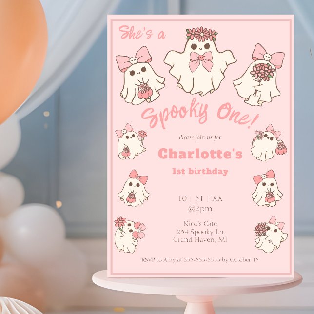 Invitación Espeluznante Fantasma Rosa Y Sos Primer Cumpleaños (Subido por el creador)