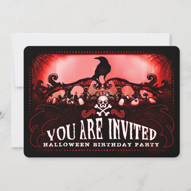Invitación Espeluznante fiesta de cumpleaños de Raven Rojo y  (Anverso)