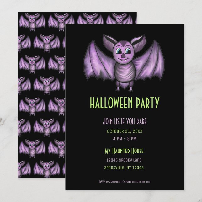 Invitación Espeluznante fiesta de Halloween de Black and Purp (Anverso / Reverso)
