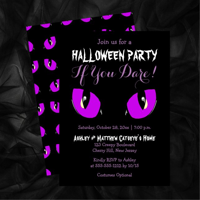 Invitación Espeluznante Fiesta de Halloween de Gato Púrpura S (Creepy Purple Cat Eyes Halloween Party If You Dare Invitation)