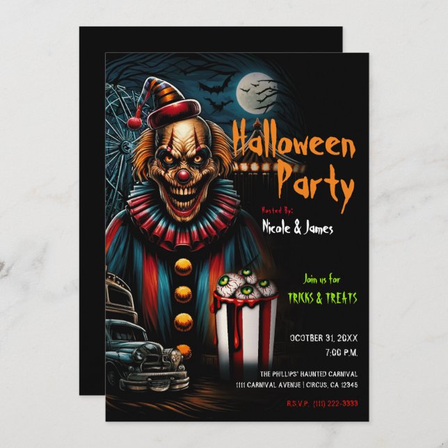 Invitación Espeluznante fiesta de halloween del payaso del ca (Anverso / Reverso)