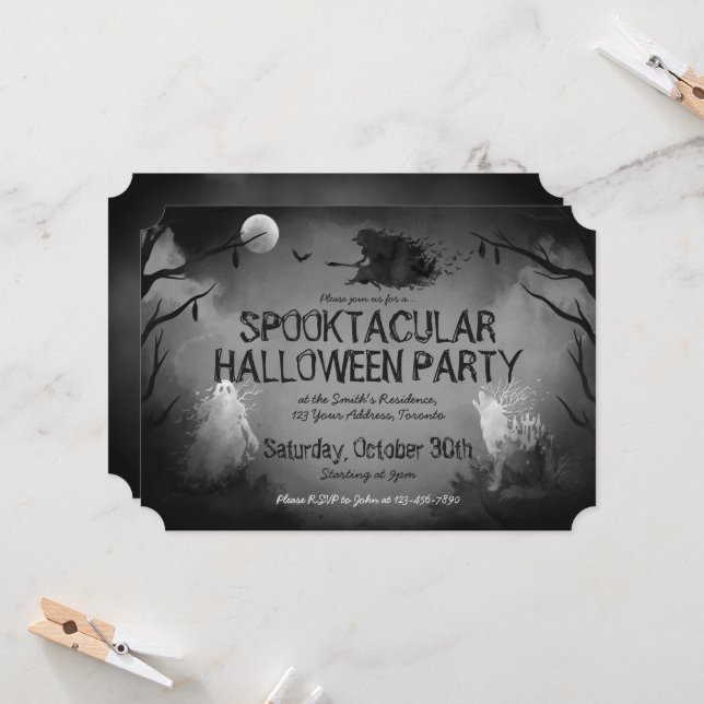 Invitación Espeluznante fiesta de Halloween en blanco y negro (Anverso/Reverso In Situ)