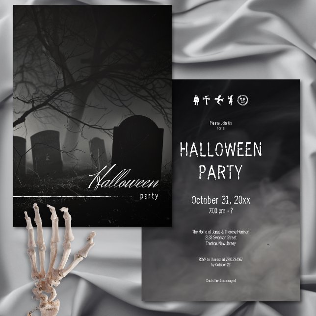 Invitación Espeluznante fiesta de Halloween en el Cementerio  (Spooky Black & White Cemetery Halloween Party Invitation)