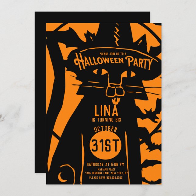Invitación Espeluznante gato Naranja de cosecha Black Hallowe (Anverso / Reverso)