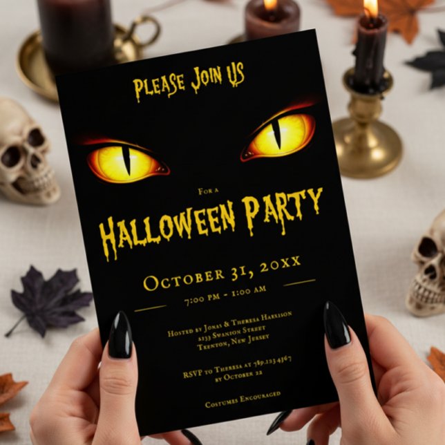 Invitación Espeluznante Gato Negro Amarillo Ojos Halloween Ad (Subido por el creador)