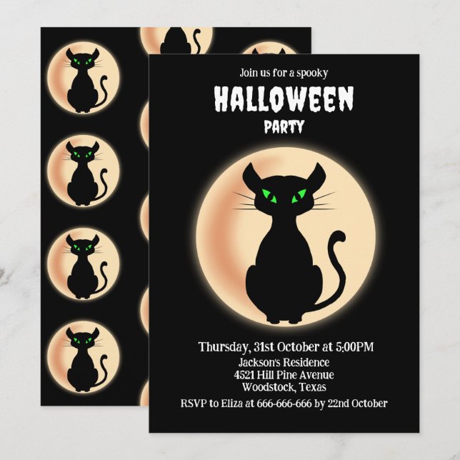 Invitación Espeluznante gato negro ojos verdes con luna Hallo (Anverso / Reverso)