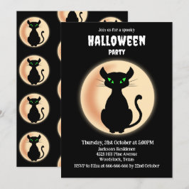 Invitación Espeluznante gato negro ojos verdes con luna Hallo