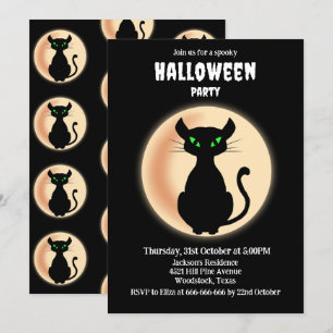 Invitación Espeluznante gato negro ojos verdes con luna Hallo