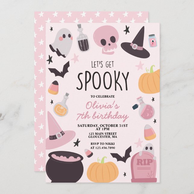 Invitación Espeluznante Halloween Cumpleaños Pink (Anverso / Reverso)