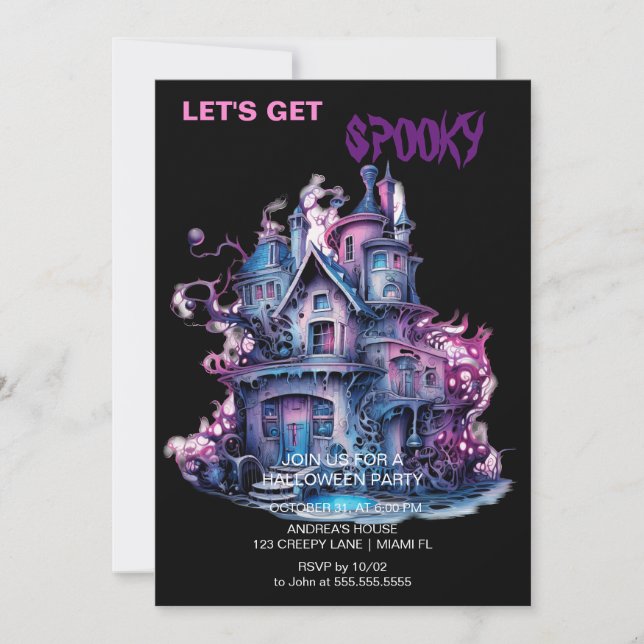 Invitación Espeluznante Halloween Gótico Haunted House Black (Anverso)